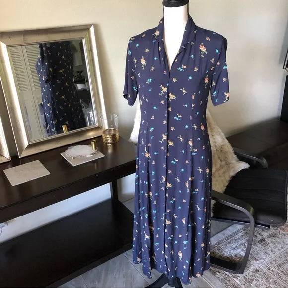 Vtg Eddie Bauer navy floral cottagecore prairie midi shirt dress button down M - Picture 1 of 13